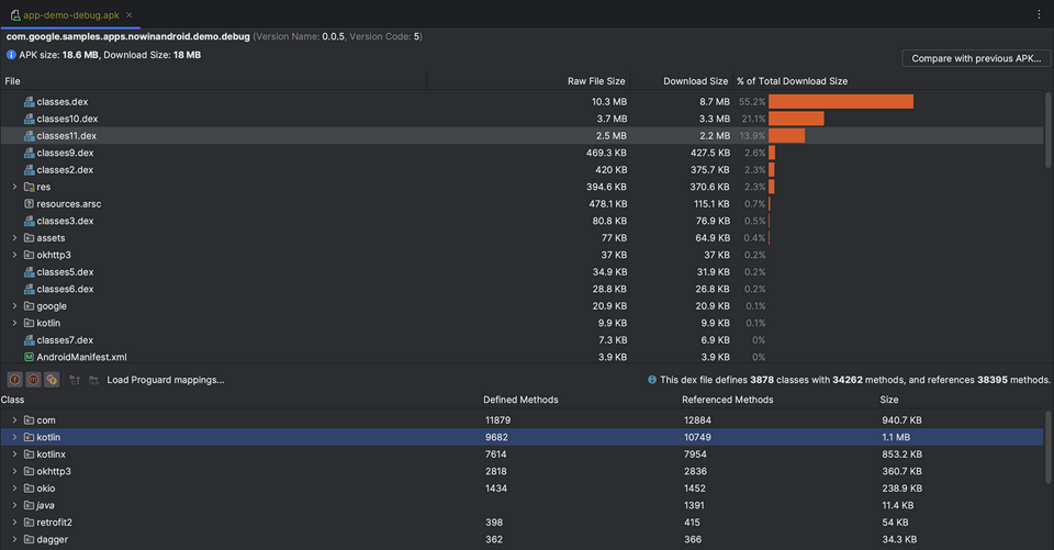 APK and app bundle analyzer chart listing DEX, resources, and native libraries